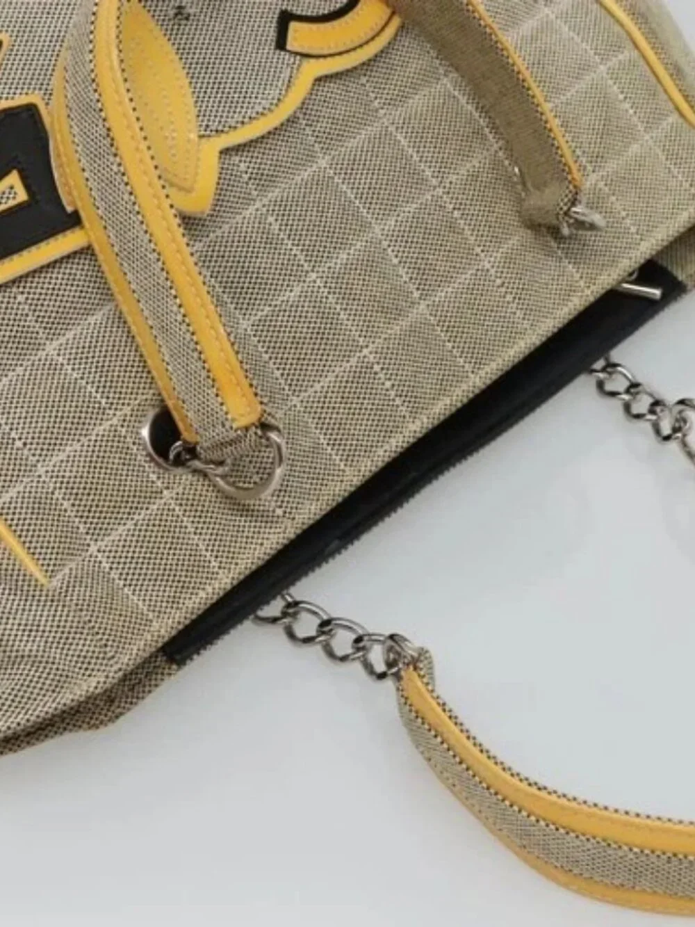 CHANEL Choco Bar Tote Bag Canvas Beige Yellow CC Auth 116301
